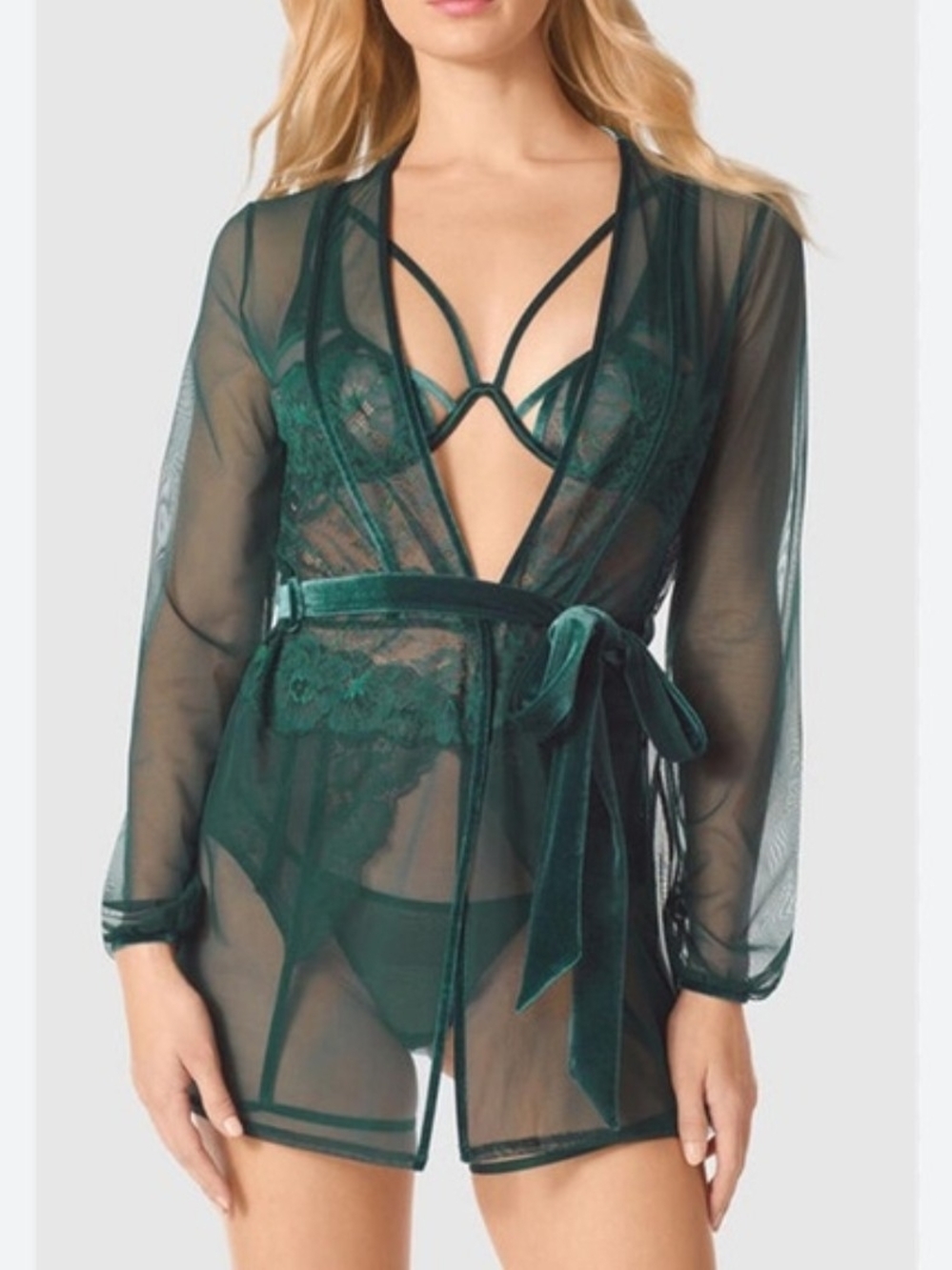 La Senza Sheer Lace Velvet Robe In Dark Emerald Green - Picture 5 of 14